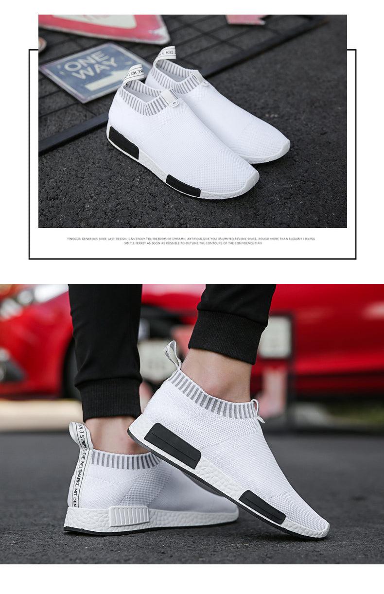 Pair of men's Stevvex white knitted slip-on sneakers with sock collar and black outsole on Tampa Home & Garden Store