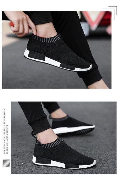 Stevvex Breathable Running Shoes black knit upper with white sole sock-collar sneakers on Tampa Home & Garden Store