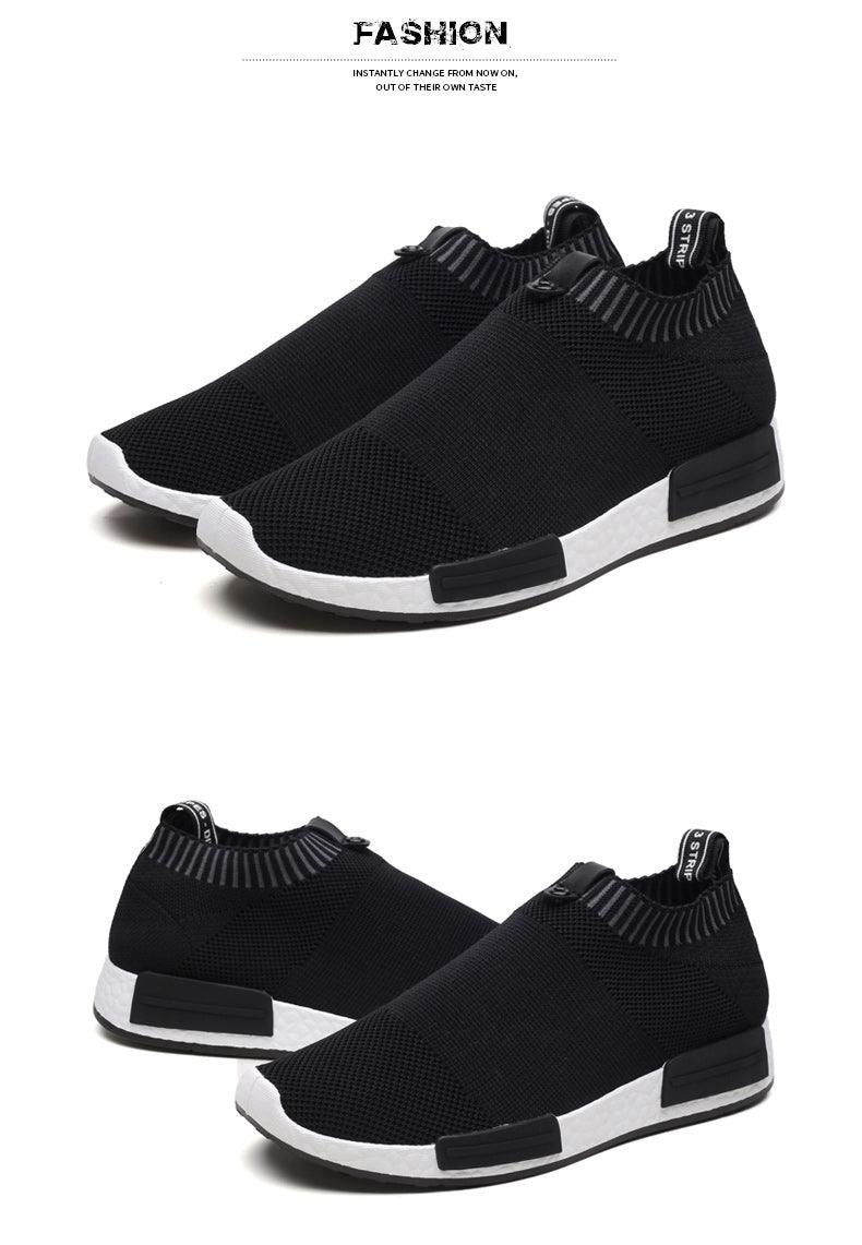 Men's Stevvex black knit mesh running sneakers with white sole pair on Tampa Home & Garden Store