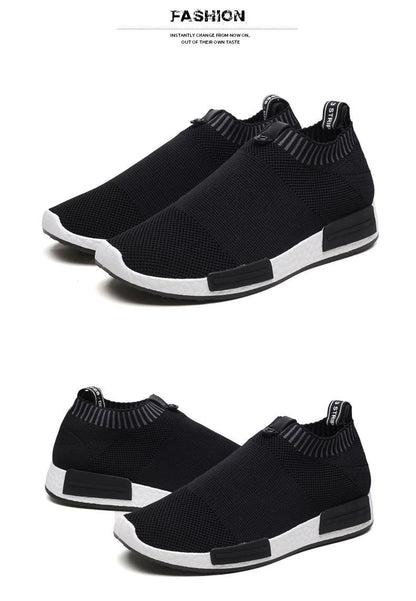 Men's Stevvex black knit mesh running sneakers with white sole pair on Tampa Home & Garden Store
