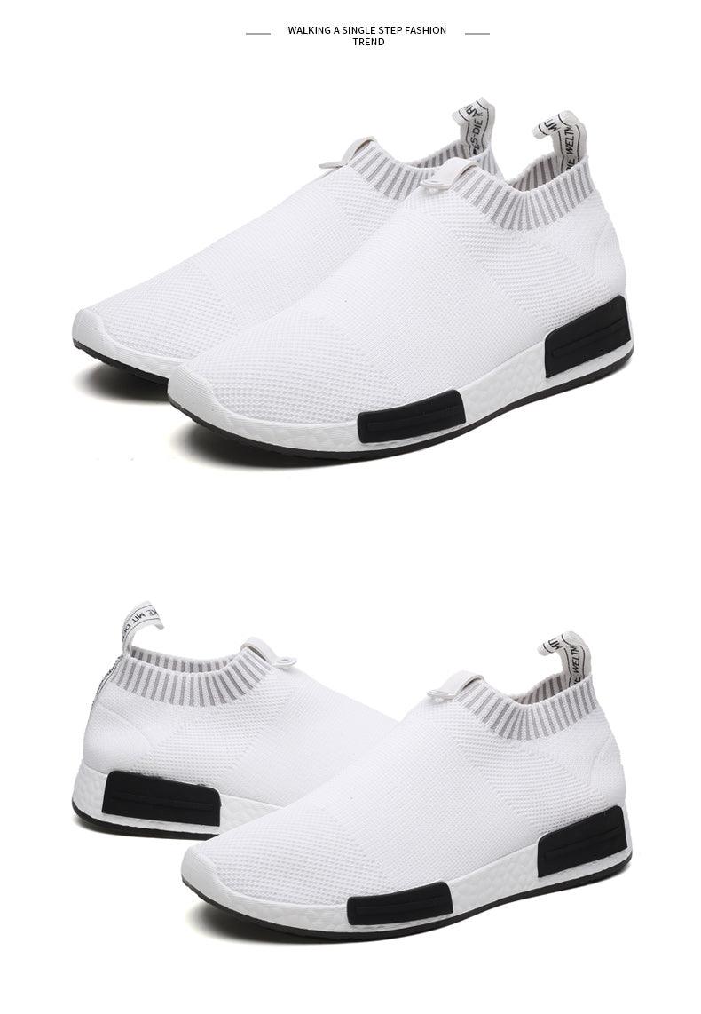 Stevvex men's white knit sneakers pair with sock collar mesh upper black heel accents on Tampa Home & Garden Store