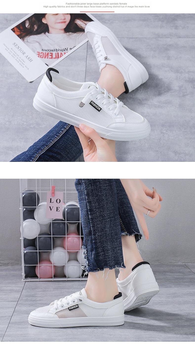 Women's white mesh sneakers Stevvex, breathable lace-up casual flats with white rubber sole on Tampa Home & Garden Store