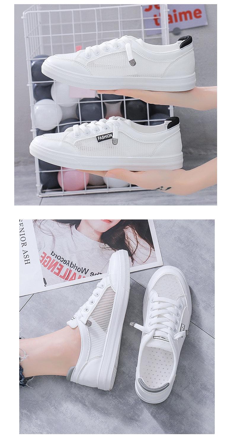 White Stevvex pair of sneakers with mesh panels, breathable lace-up casual flats for women on Tampa Home & Garden Store