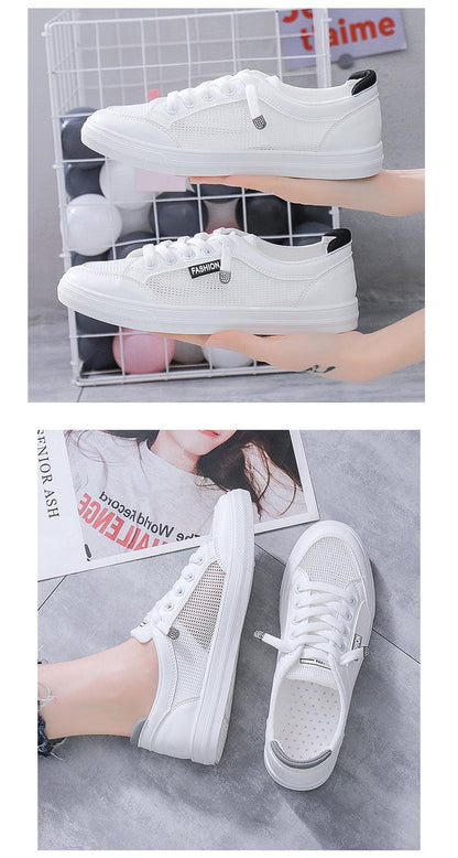 White Stevvex pair of sneakers with mesh panels, breathable lace-up casual flats for women on Tampa Home & Garden Store