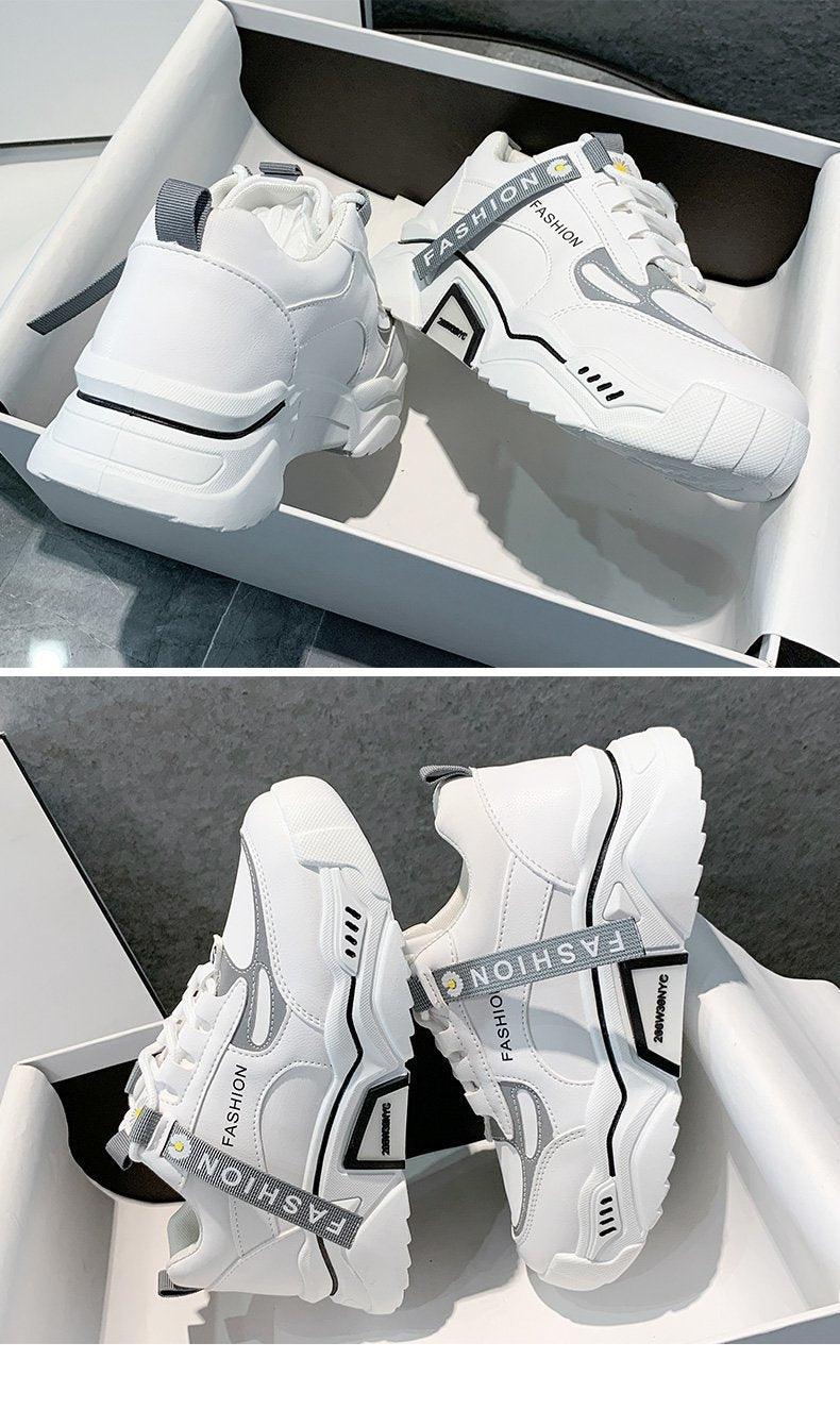 Stevvex white fashion spring sneakers, chunky lace-up with gray overlays and reflective strap on Tampa Home & Garden Store
