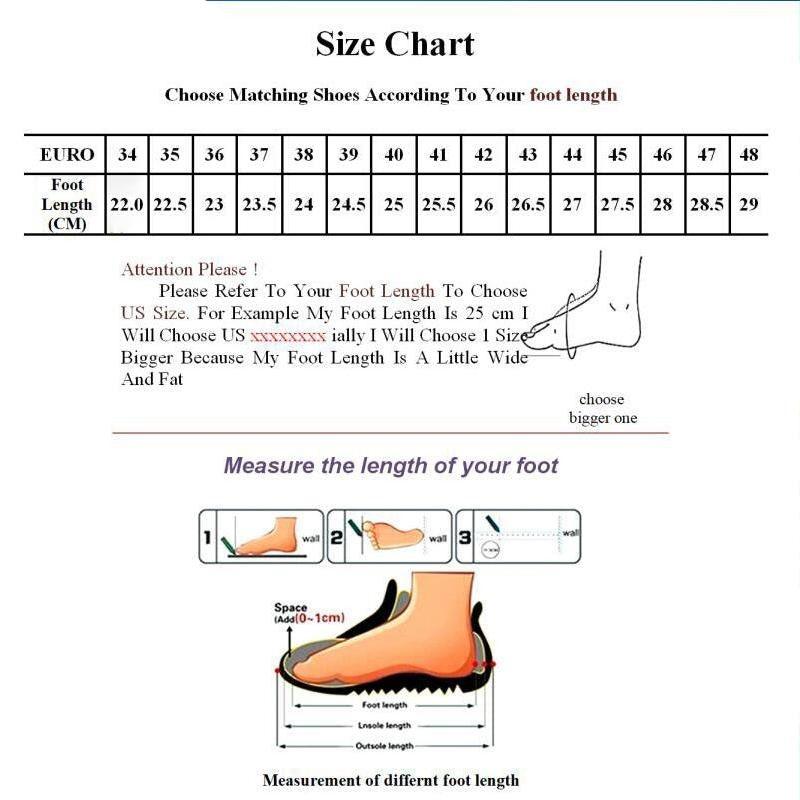 Red platform sneakers by Stevvex size chart with foot length measurement diagrams on Tampa Home & Garden Store