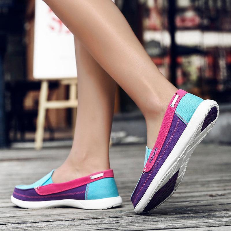 Stevvex women's flat espadrille sneakers color-block canvas turquoise pink purple white sole on Tampa Home & Garden Store
