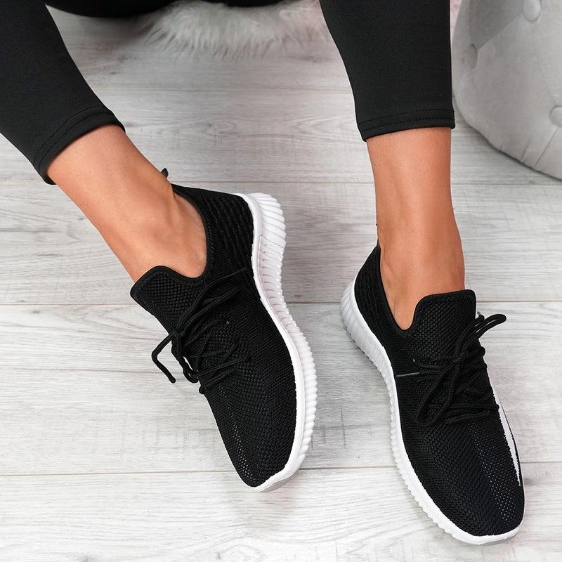 Stevvex black mesh sneakers pair with white sole, lace-up casual walking shoes for women on Tampa Home & Garden Store