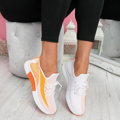 Sneakers pair white and orange mesh, lace-up, round-toe casual walking shoes on Tampa Home & Garden Store