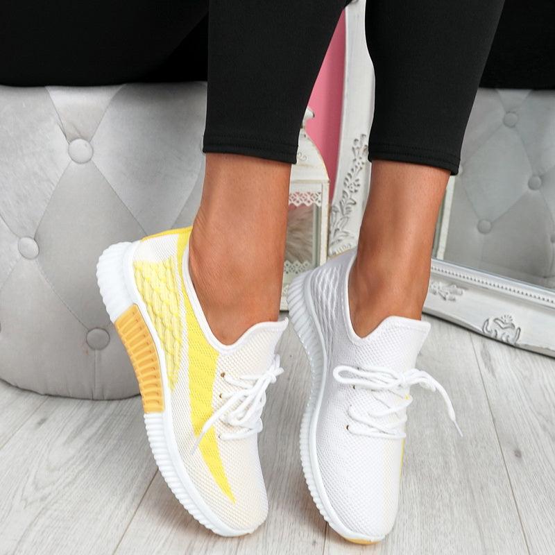 Stevvex women's mesh lace-up sneakers pair white with yellow stripe, breathable round toe shoes on Tampa Home & Garden Store