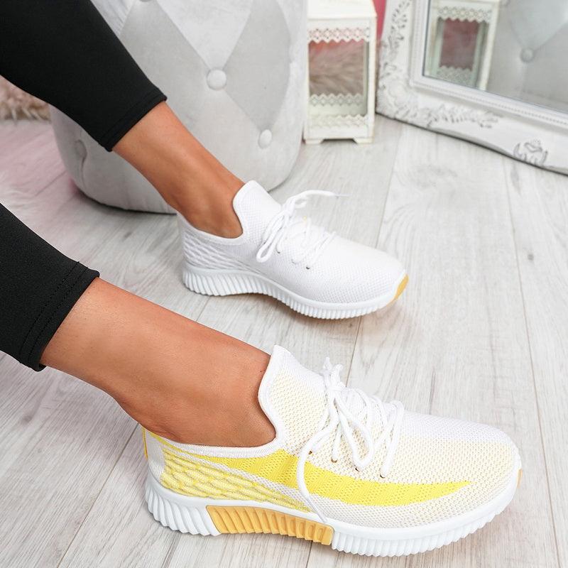 Stevvex white mesh lace-up sneakers pair with yellow accent and sole for casual walking on Tampa Home & Garden Store