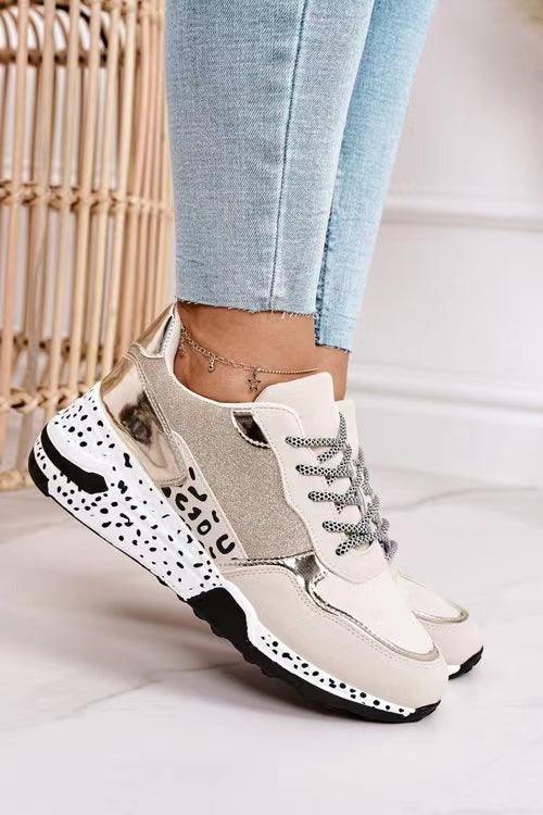 Women's Stevvex leopard print lace-up sneakers with metallic silver panels and chunky sole on Tampa Home & Garden Store