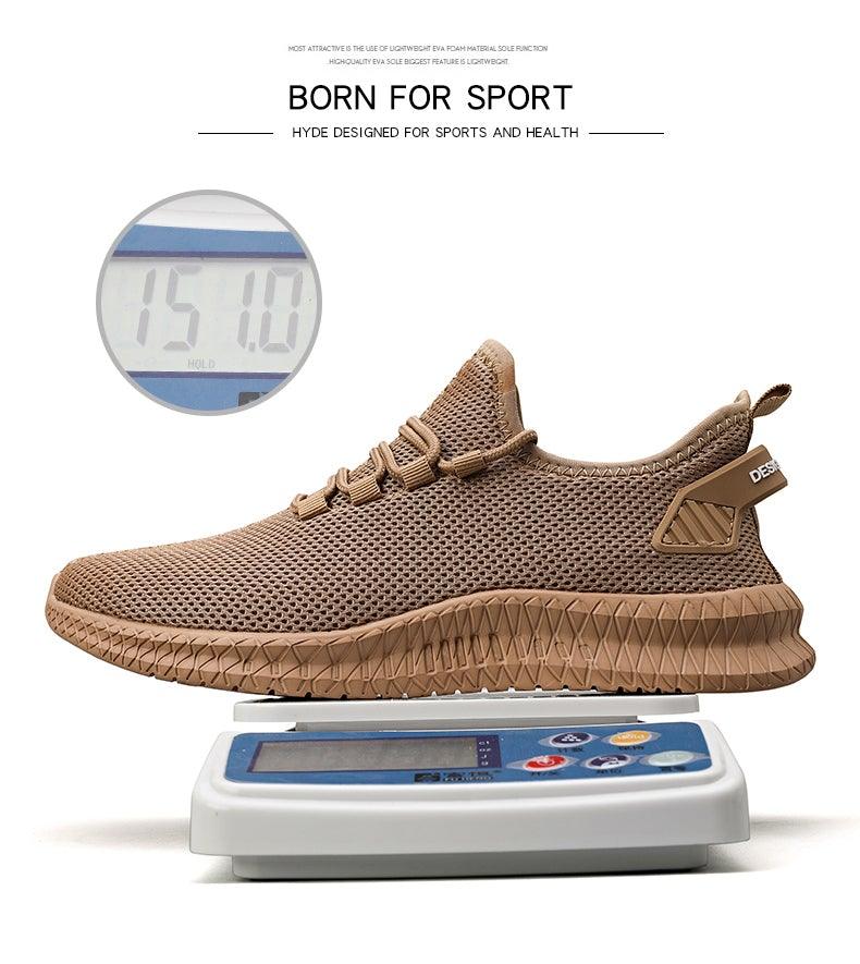 Stevvex men's tan breathable mesh running sneaker with knit upper and textured outsole on Tampa Home & Garden Store