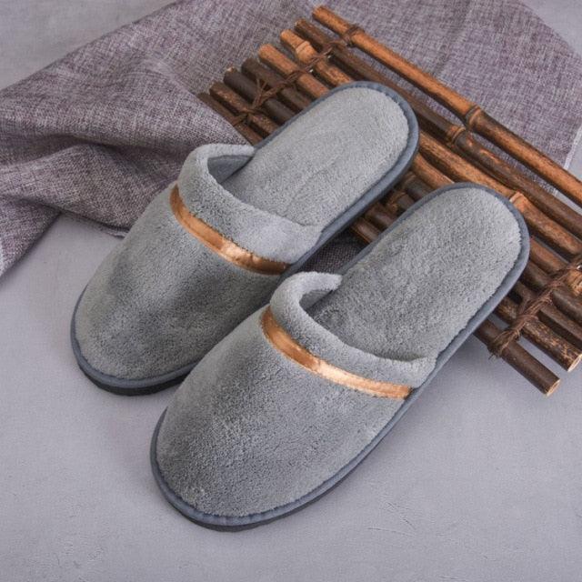 Stevvex gray plush slip-on slippers with copper band for indoor outdoor use on Tampa Home & Garden Store