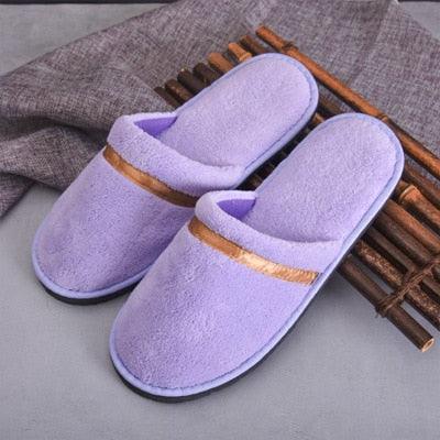 Stevvex lavender plush slippers slip-on pair with tan band anti-skid sole for women on Tampa Home & Garden Store