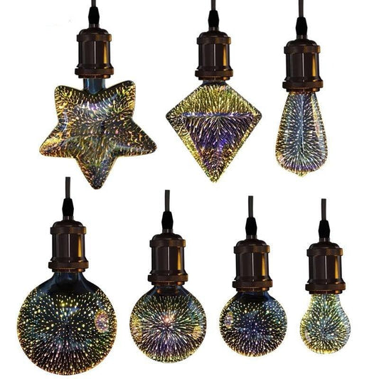 LED Light 3D Fireworks Edison bulbs set by Stevvex in star, diamond, teardrop and globe shapes on Tampa Home & Garden Store