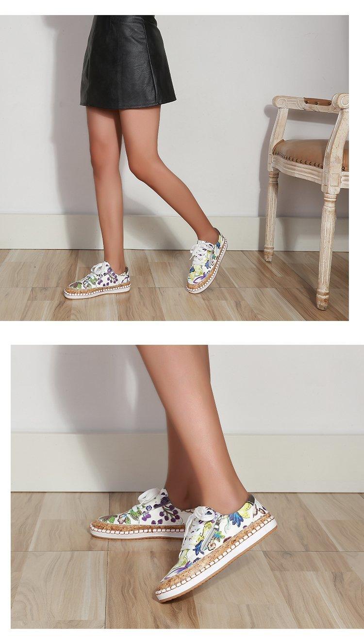 Stevvex flower print lace-up sneakers white casual flat womens shoes with pattern pair on Tampa Home & Garden Store