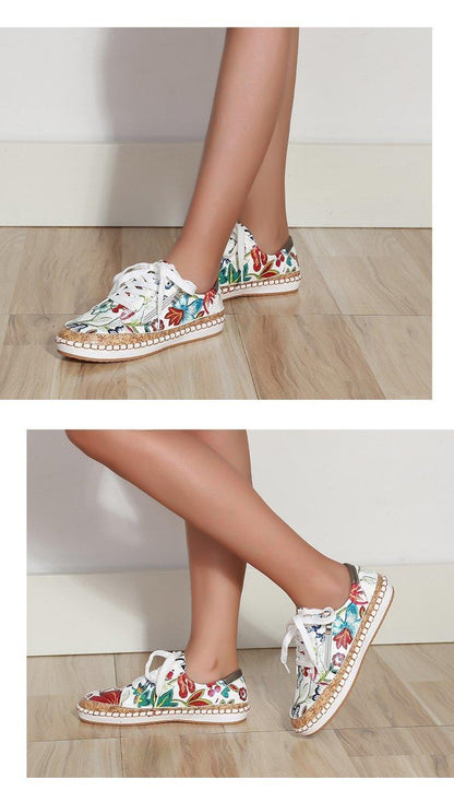 Stevvex women's sneakers, white floral print, lace-up casual trainers with espadrille sole on Tampa Home & Garden Store