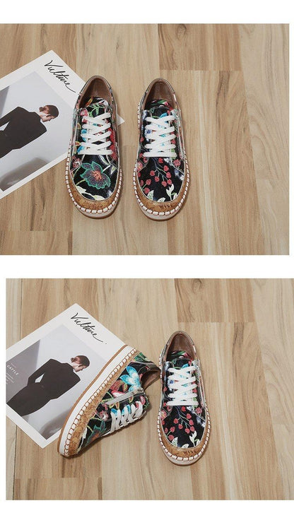 Stevvex floral print sneakers with white laces, pair showing colorful flowers on dark fabric on Tampa Home & Garden Store
