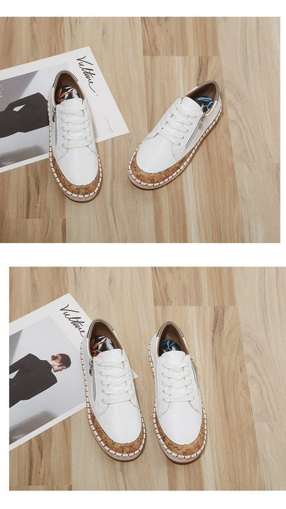 White lace-up sneakers with cork trim and colorful inner lining, women's casual pair on Tampa Home & Garden Store