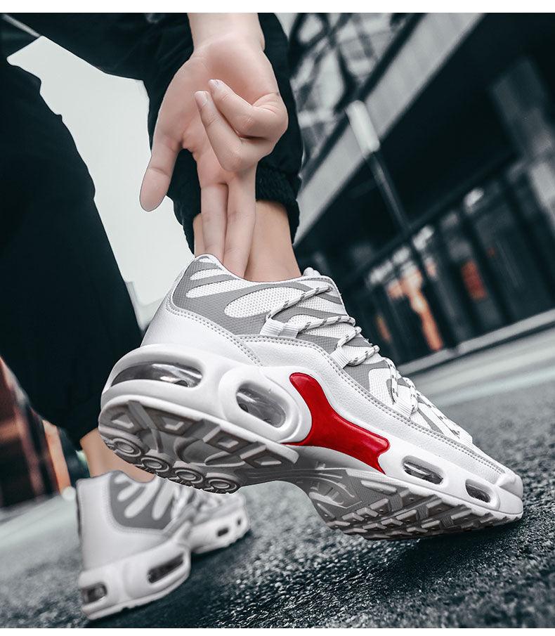 Stevvex Air Cushion sneakers for men, white gray pair with red accent, breathable running shoes on Tampa Home & Garden Store