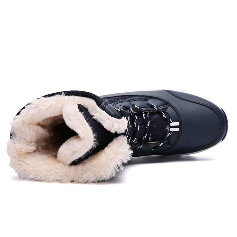 Womens waterproof winter boots Stevvex navy blue with faux fur lining and lace-up on Tampa Home & Garden Store
