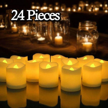 Stevvex flameless LED tea lights, 24-piece set with remote timer, warm amber glow on Tampa Home & Garden Store