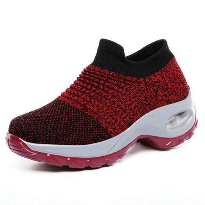 Stevvex women's knit sock sneakers red/black chunky knit upper with white air cushion on Tampa Home & Garden Store