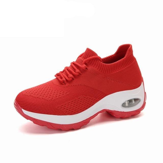 Stevvex women's red knit sock sneakers with chunky platform sole and air cushion on Tampa Home & Garden Store