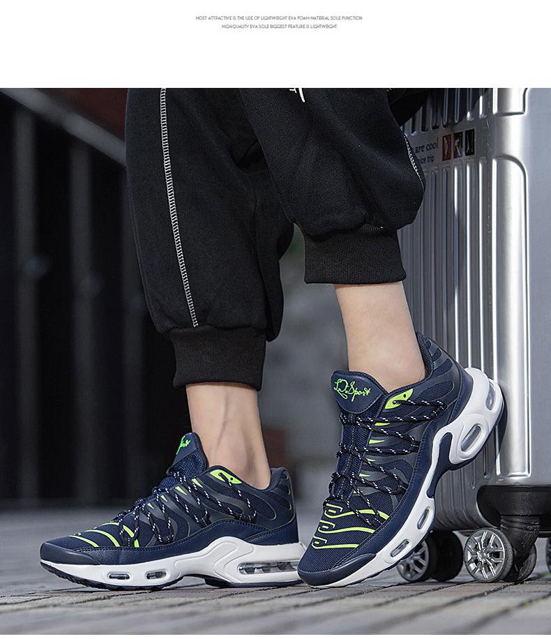 Air Cushion men's sport running shoes in navy with neon lime accents, breathable mesh on Tampa Home & Garden Store