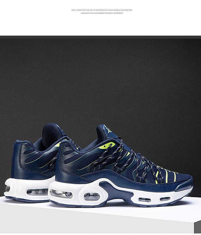 Stevvex Air Cushion men's sport running shoes navy blue with white midsole and neon accents on Tampa Home & Garden Store