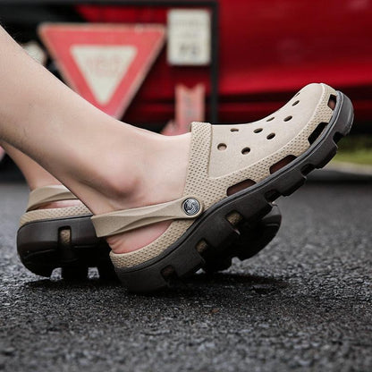 Men's Stevvex beige perforated beach sandals with adjustable heel strap and rugged outsole on Tampa Home & Garden Store