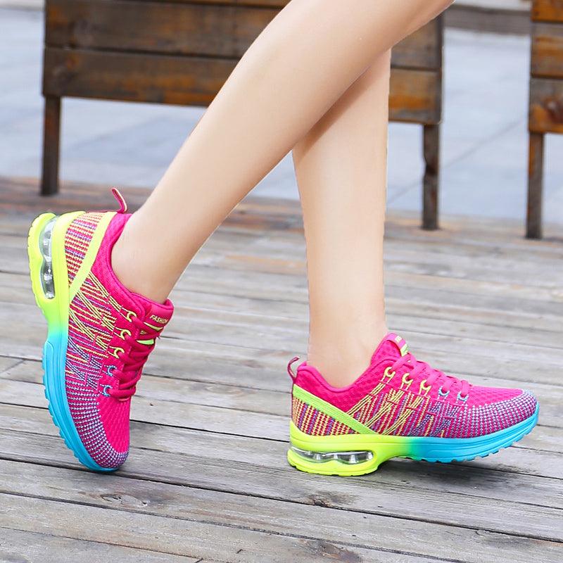 Stevvex women's running sneakers pink knit upper with neon heel and blue outsole air cushion on Tampa Home & Garden Store