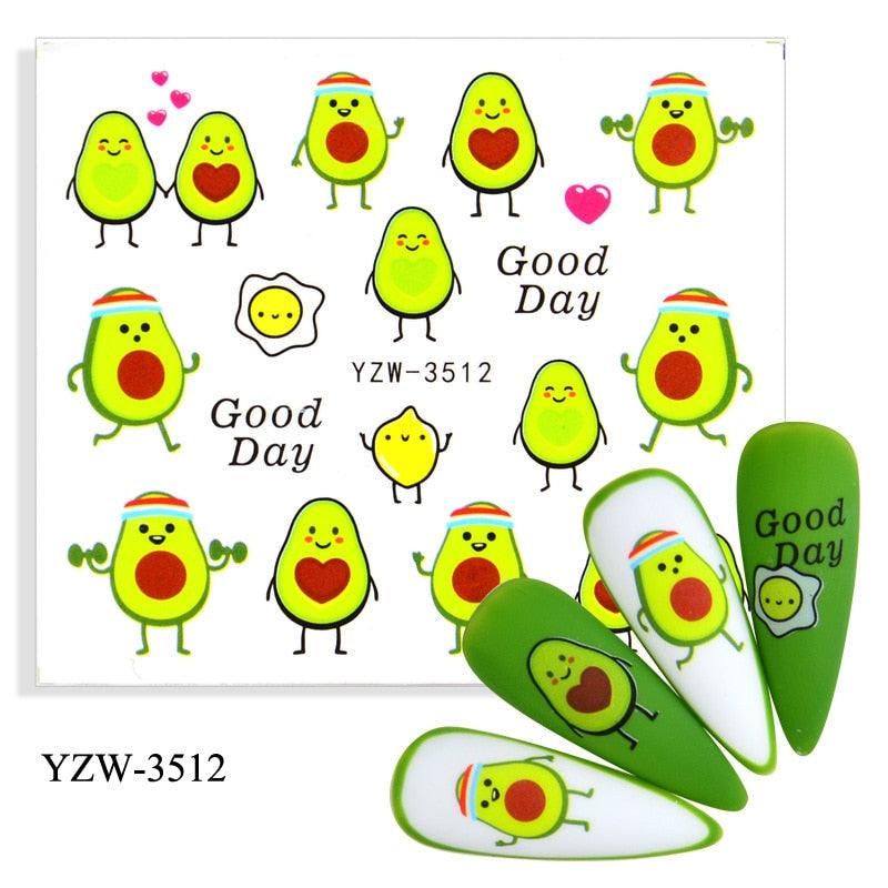 Avocado nail sticker sheet with cartoon green avocados and Good Day text Stevvex YZW-3512 decals on Tampa Home & Garden Store