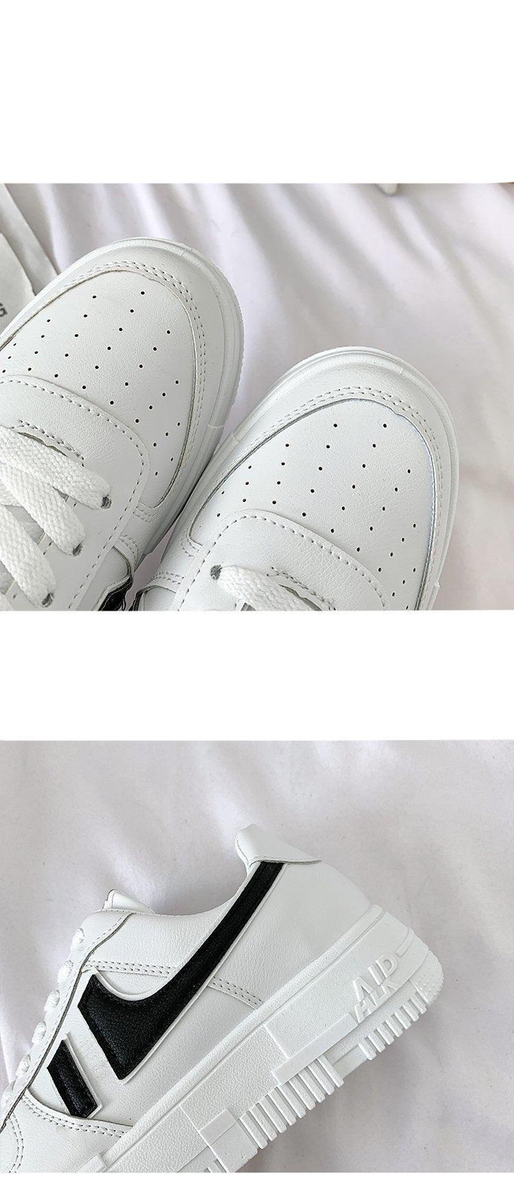 Stevvex white sneakers with black side stripe, perforated toe, lace-up casual walking shoes on Tampa Home & Garden Store
