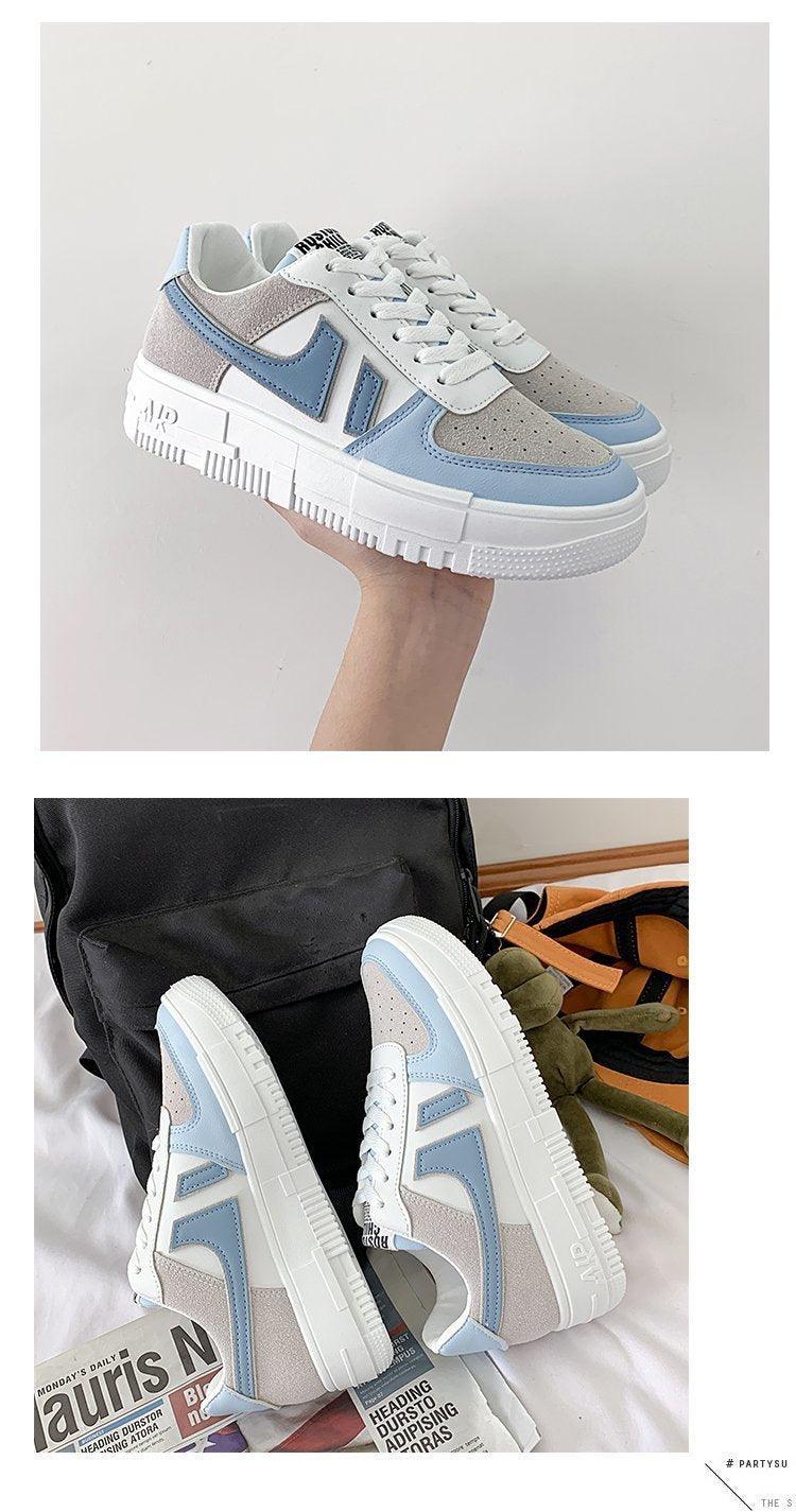 Stevvex women's sneakers white with blue panels and beige perforated toe, lace-up chunky sole on Tampa Home & Garden Store