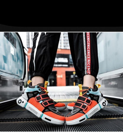 Stevvex mens sneakers ST85SH6556NGF orange teal black color-block with Velcro straps pair on Tampa Home & Garden Store
