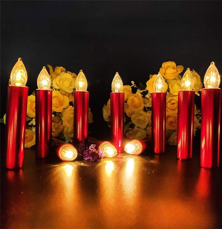 Christmas Tree Clip LED Candle set by Stevvex, red bases with warm flame LEDs, 9-pack on Tampa Home & Garden Store