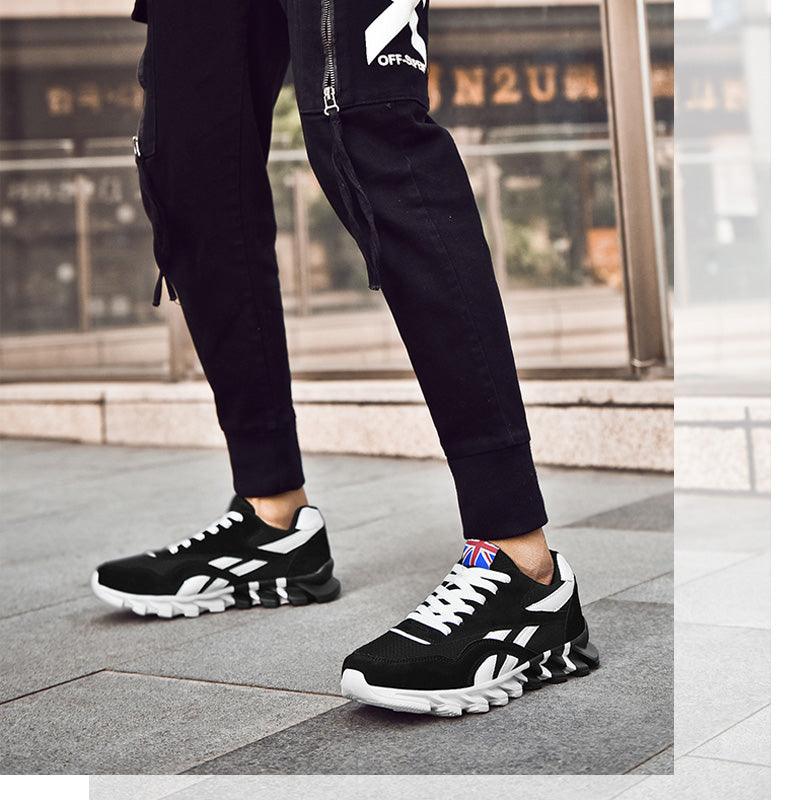Stevvex running sneakers, black breathable athletic shoes with white laces and chunky sole on Tampa Home & Garden Store