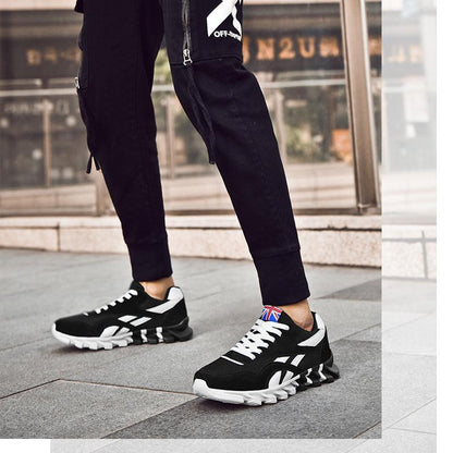 Stevvex running sneakers, black breathable athletic shoes with white laces and chunky sole on Tampa Home & Garden Store