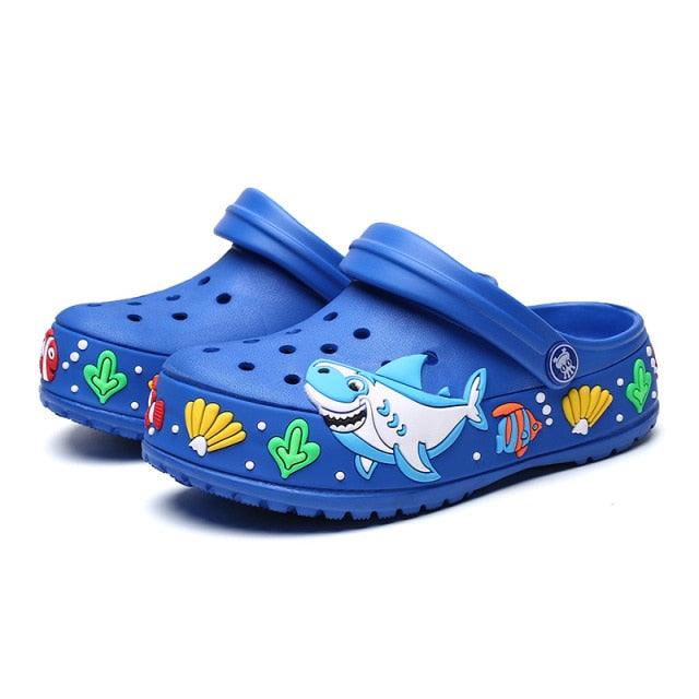 Kids' blue cartoon shark slippers with sea-life decals, quick-dry slip-on sandals Stevvex on Tampa Home & Garden Store