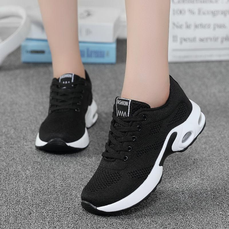 Fashion womens sneakers with air cushion black mesh upper and white sole on Tampa Home & Garden Store