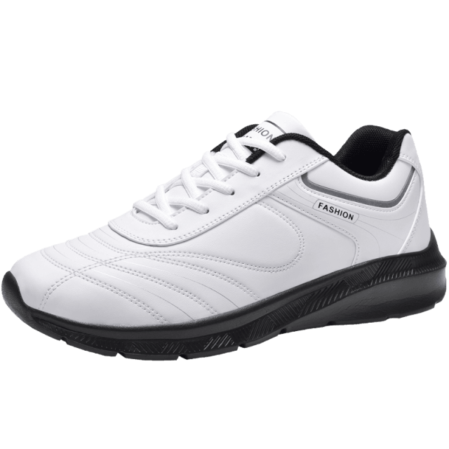 Stevvex white sneakers for men, lace-up athletic road running shoes with black sole on Tampa Home & Garden Store