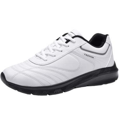 Stevvex white sneakers for men, lace-up athletic road running shoes with black sole on Tampa Home & Garden Store