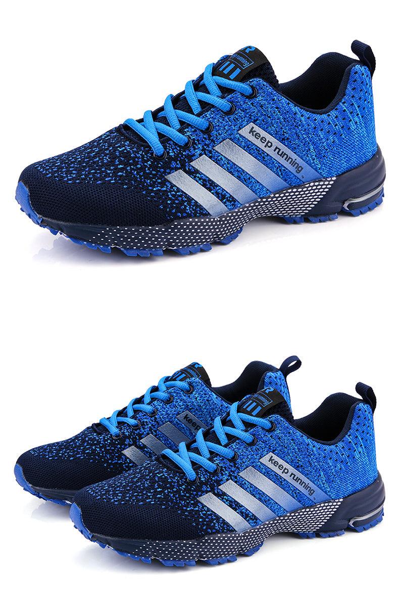 Stevvex blue mesh running sneakers with silver stripes; breathable lightweight men's shoes on Tampa Home & Garden Store