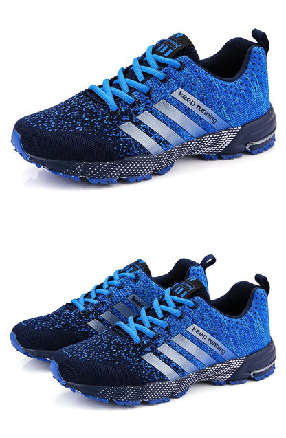 Stevvex blue mesh running sneakers with silver stripes; breathable lightweight men's shoes on Tampa Home & Garden Store