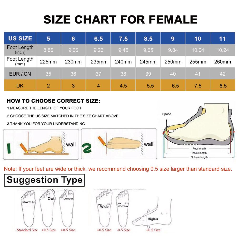 Stevvex women's sneakers size chart and measurement guide with US/UK/EU sizes on Tampa Home & Garden Store