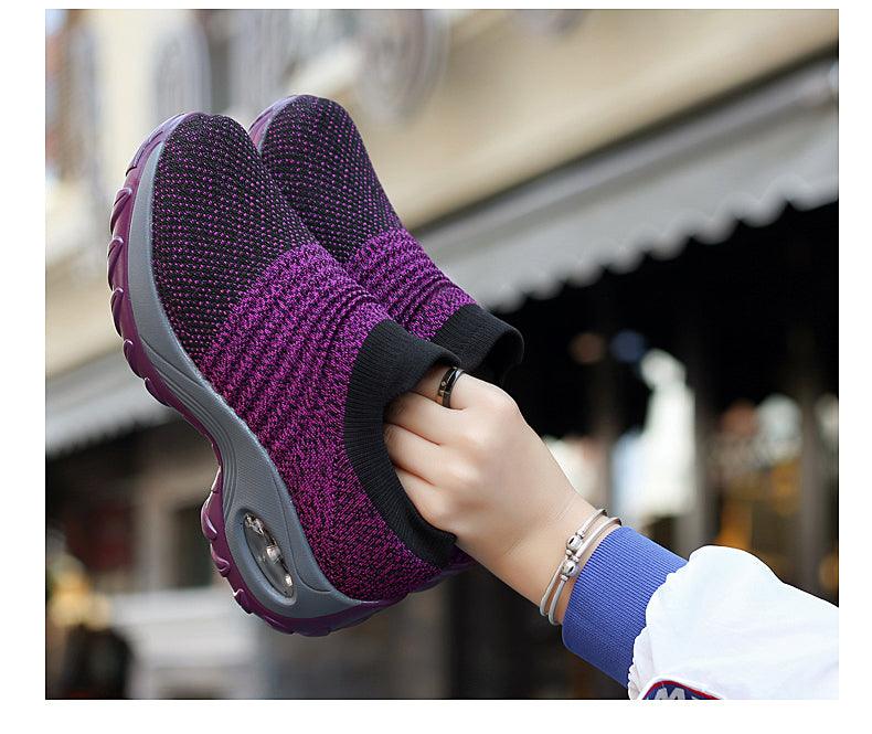 Stevvex women's knit sock sneakers purple platform sole black ankle cuff on Tampa Home & Garden Store