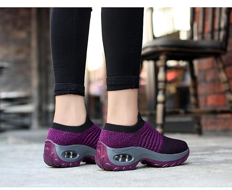 Stevvex women's knit sock sneakers with purple mesh upper slip-on and air cushion platform on Tampa Home & Garden Store