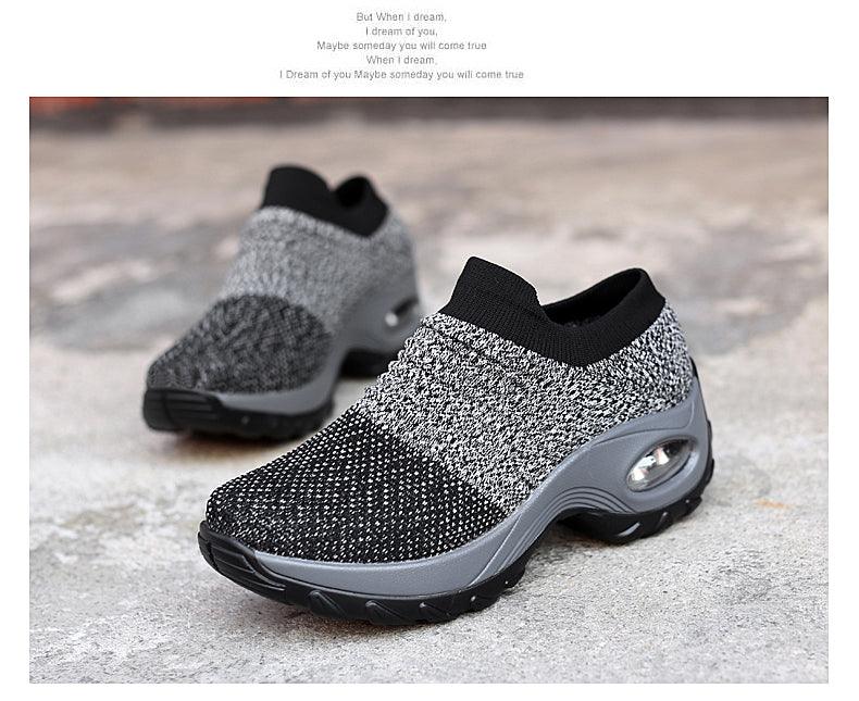 Women's knitted sock sneakers with chunky platform sole in black gray mesh air cushion on Tampa Home & Garden Store